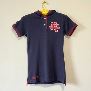Hooded Navy NYC Polo Shirt Y2K 2000 New York Indie Sleaze Blue Red Cotton Womens